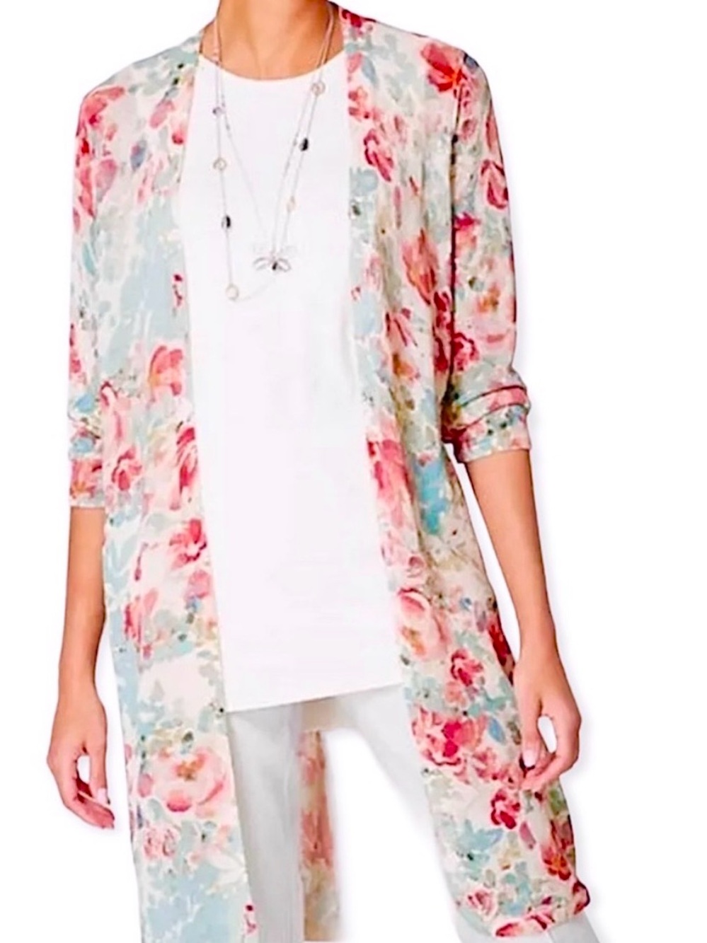 J.Jill Floral Linen Blend Open Cardigan Watercolor Print Lightweight XS-S Petite